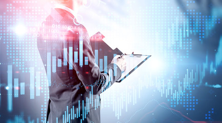 Man with clipboard, world map and graphs