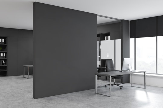 Gray CEO office corner with mock up wall