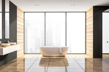 Fototapeta na wymiar Panoramic bathroom interior, tub and double sink