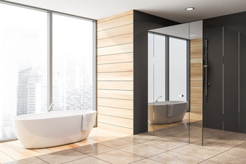 Fototapeta na wymiar Gray and wood bathroom corner, tub and shower