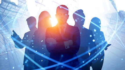 Business team in city, digital network