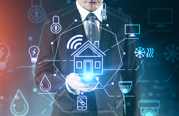 Man using phone with smart home interface