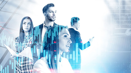 Young business team in city, forex graphs