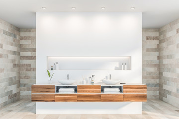 White and stone bathroom interior, double sink
