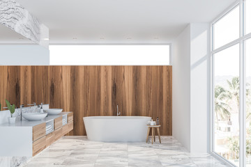 White marble and wood bathroom interior