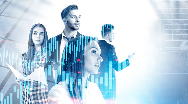 Young business team in city, forex graphs