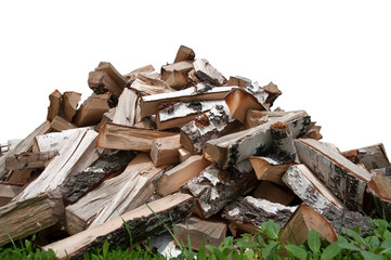 large pile of birch wood on a white background side view