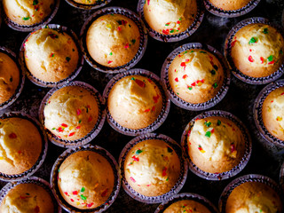 flat lay on group of cupcake tray fresh from oven 