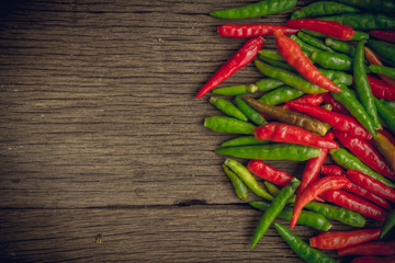 Organic red and green bird's eye chili, bird eye chili, bird's chili, chile de arbol, or Thai chili is a chili pepper, a cultivar from the species Capsicum annuum, commonly found in Southeast Asia..
