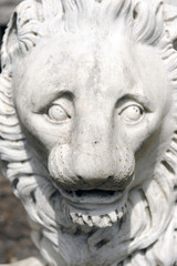 Stone lion face close up. Angry lion sculpture.