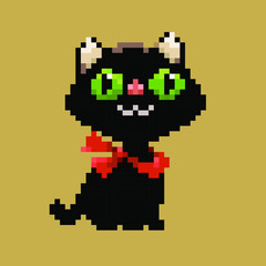 Fototapeta premium Black vector pixel art cartoon smiling cat in red scarf isolated 