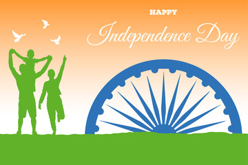India Independence Day banner template. Silhouettes of people rejoicing. Father, mother and son outdoors. Three doves over a happy family in summer nature. 