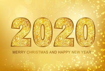 Obraz na płótnie Canvas Happy New Year 2020 gold glitter texture type on magic stars lights with bokeh effects background.