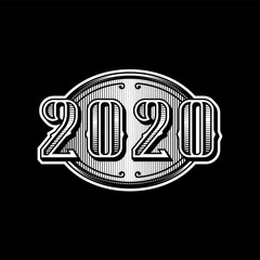 2020 numbers retro design in black and white style on a dark background.