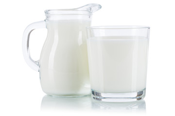 Fresh milk drink in a glass and churn isolated on white