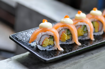 maki or salmon maki or sushi or salmon rolls, Japanese food or sushi © jobrestful