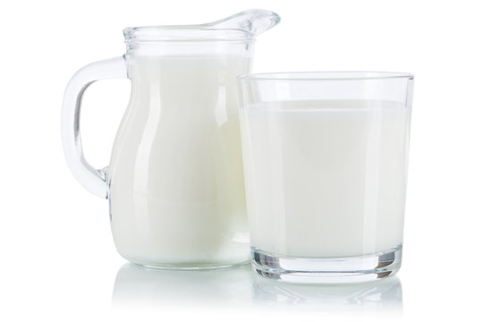 Fresh Milk Drink In A Glass And Churn Isolated On White