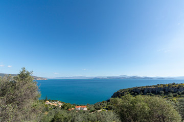 Landscape with small greek islands and bays on Peloponnese, Greece near Arkadiko town, summer vacation destination