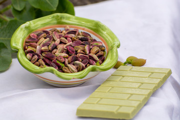Sweet, delicate, fragrant nuts, Bronte pistachios with  brilliant green colour and handmade pistachio chocolate