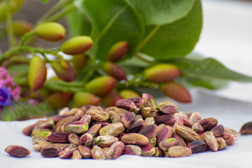 Sweet, delicate and fragrant nuts, Bronte pistachios with  brilliant green colour, ingredient for Italian cuisine, ice creams, cakes, pesto