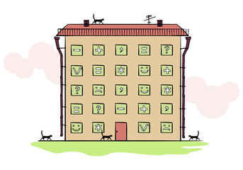 Rental of property. House with windows in the form of calculator buttons. Vector illustration.