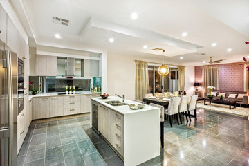 A spacious kitchen and dining area