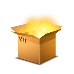Realistic open cardboard parcel with cargo signs and yellow magic light inside on white