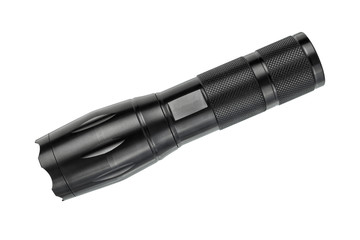 Black metallic flashlight or torch isolated