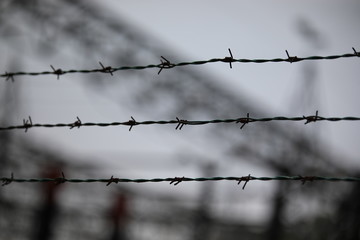 barbed wire with the blurred background of a refugee camp - obrazy, fototapety, plakaty