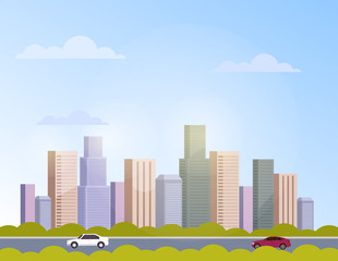 City town panorama skyline skyscraper concept. Vector flat cartoon graphic design banner poster illustration