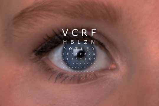 Illustration von Auge bei Sehtest mit Buchstaben, mit blauem Auge einer Frau. Bestimmung des Visus, Sehst&auml;rke beim Optiker oder Augenarzt in der Ophtalmologie