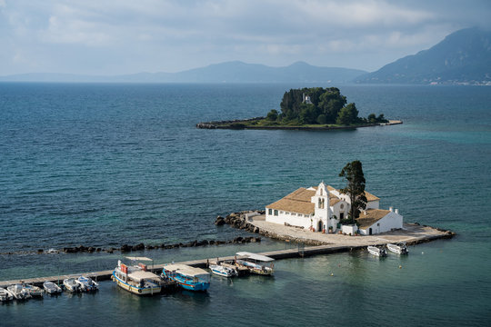 Vlacherna monastery and Mouse island off the coast of Corfu in Greece