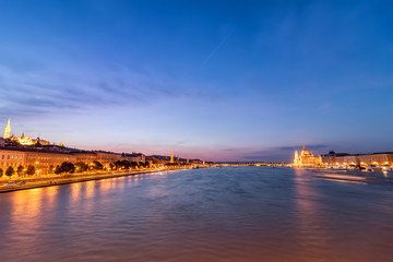 View of Budapest sunset from famous Chain bridge, Hungary