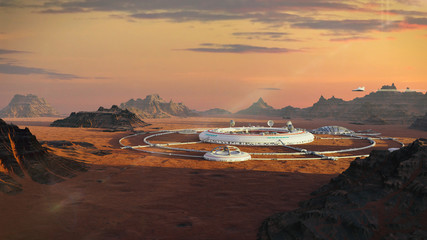 colony on Mars, first martian city in desert landscape on the red planet © dottedyeti