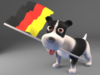 Cartoon 3d puppy dog carrying the German flag, 3d illustration