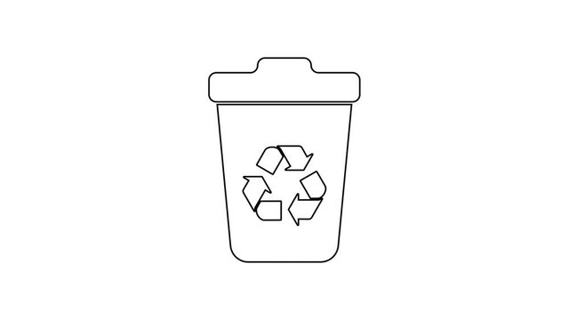 Black Recycle bin with recycle symbol line icon on white background. Trash can icon. Garbage bin sign. Recycle basket sign. 4K Video motion graphic animation