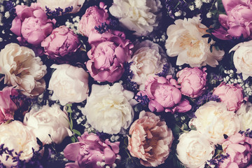 Vintage bouquet of pink and white peonies. Floristic decoration. Floral background. Baroque old fashiones style image. Natural flowers pattern wallpaper or greeting card