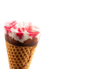 chocolate vanilla and cherry ice cream on white background