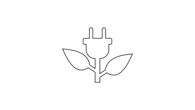 Black Electric saving plug in leaf line icon on white background. Save energy electricity icon. Environmental protection icon. Bio energy. 4K Video motion graphic animation