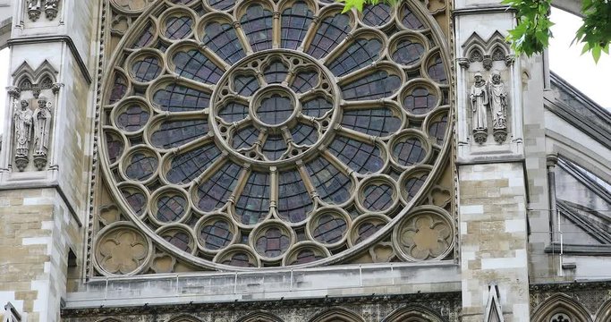 Westminster Abbey Stained Glass, North Entrance Facade, London, United Kingdom, Europe. Close Up View - DCi 4K Resolution