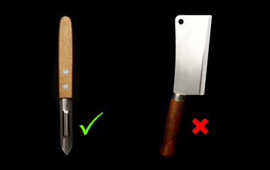 Vegetable peeler versus meat cleaver. Vegan and omnivore battle concept. With copy text space....