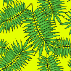Seamless pattern with tropical leaf or palm leaf on yellow background. Wallpaper and textile design. Good for printing. Wrapping paper idea.