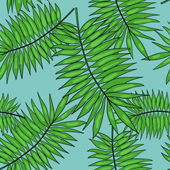 Seamless vector pattern with tropical palm leaf on blue background. Good for printing. Wallpaper and fabric design. Wrapping paper pattern.