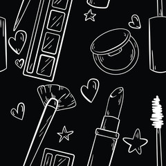 Seamless pattern with mascara, lipstick, blush, eyeshadow and brush on black background. Good for printing. Wallpaper and fabric design. Wrapping paper idea. Doodle style. 