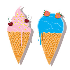 Two ice cream cones with blue and red ice cream, strawberries and cherries, vector, color drawing or illustration.