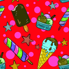 Vector seamless pattern with ice cream on red background. Good for printing. Wallpaper and fabric design. Cute colorful wrapping paper pattern.