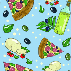 Seamless vector pattern with mozzarella cheese, olive, olive oil, pizza and basil. Italian food. Good for printing. Wallpaper and fabric design. Wrapping paper pattern.