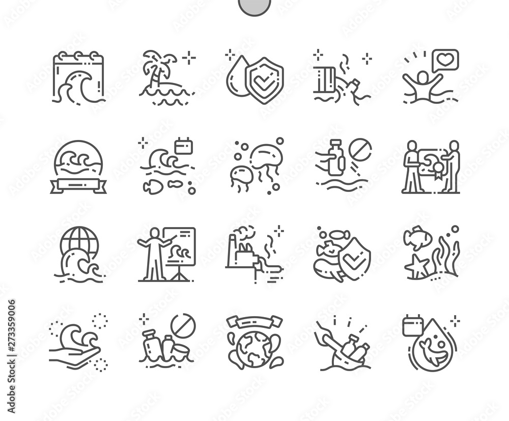 Poster world oceans day well-crafted pixel perfect vector thin line icons 30 2x grid for web graphics and a