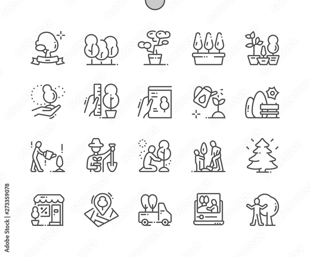 Poster trees well-crafted pixel perfect vector thin line icons 30 2x grid for web graphics and apps. simple