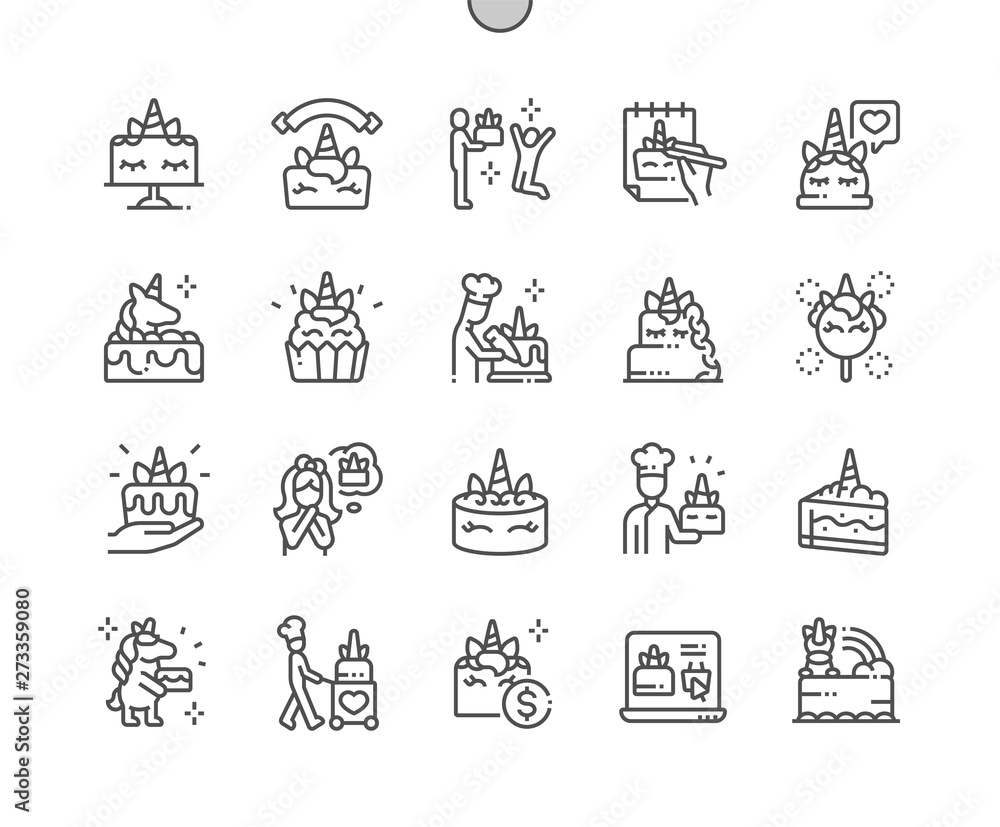 Poster unicorn cake well-crafted pixel perfect vector thin line icons 30 2x grid for web graphics and apps.